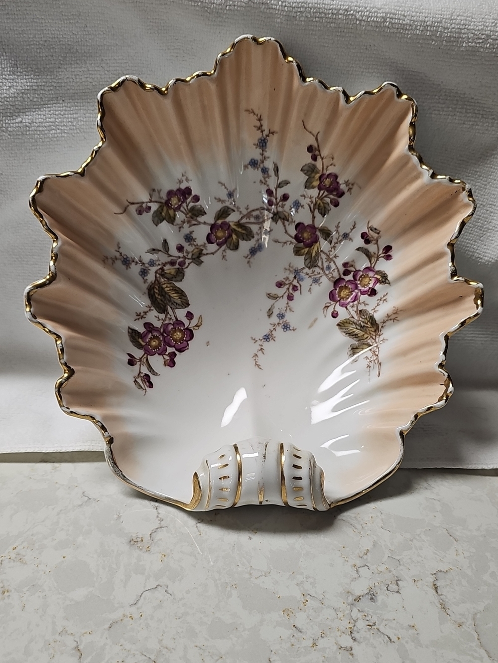 German Antique Clam Shell Bowl - Pink and White, Purple Floral